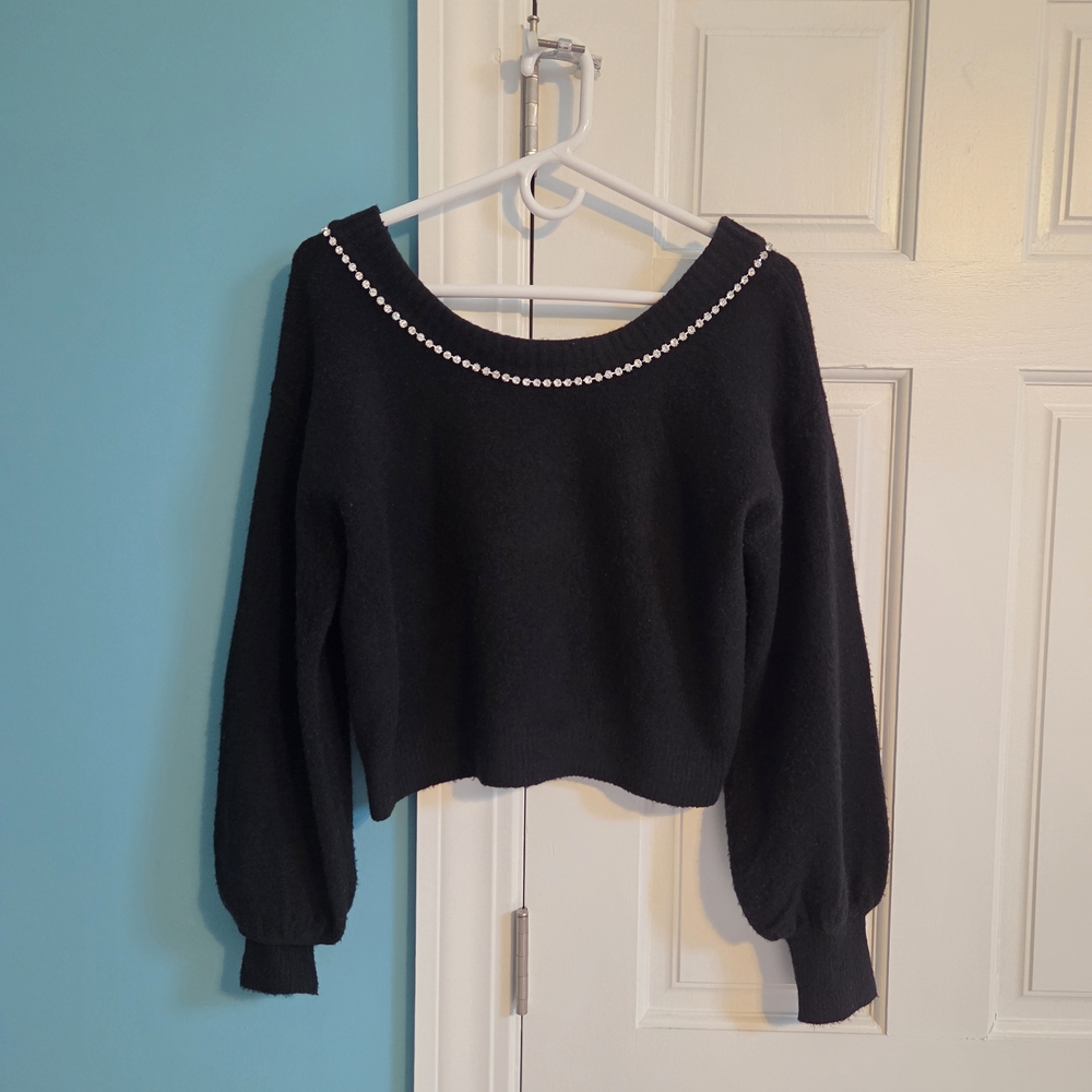 Express Black Off-the-Shoulder Sweater with Pearl Accents
